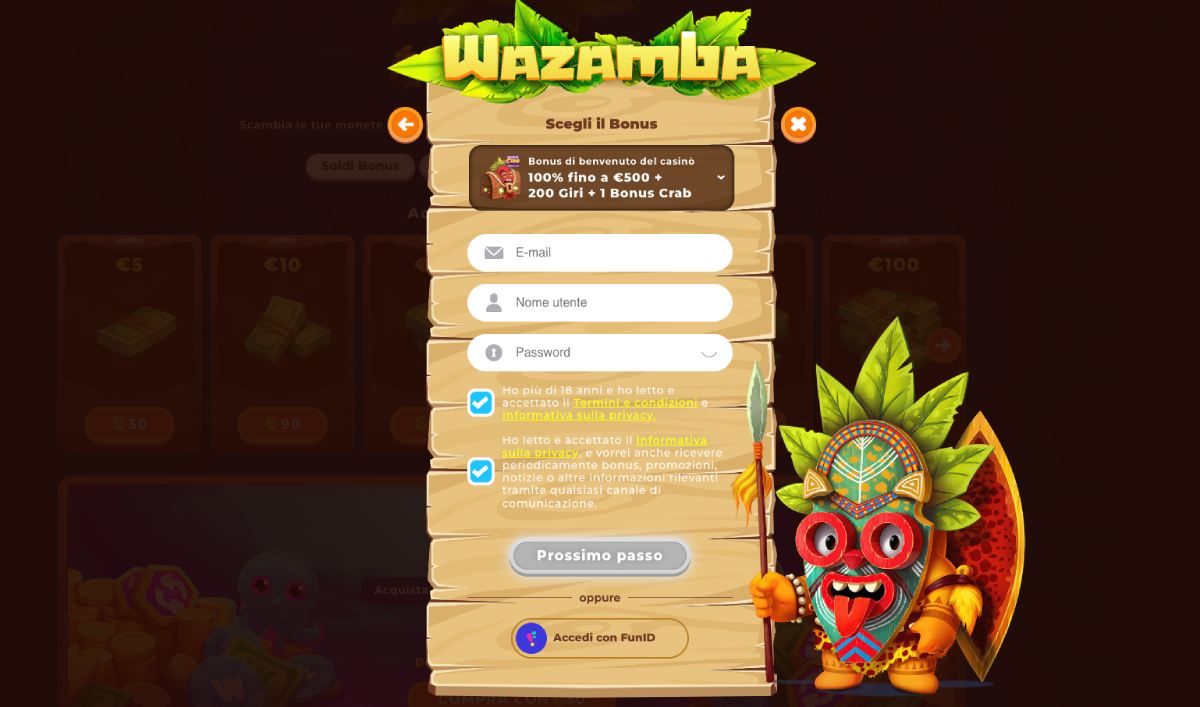 Iscrizione e Login su Wazamba Casino